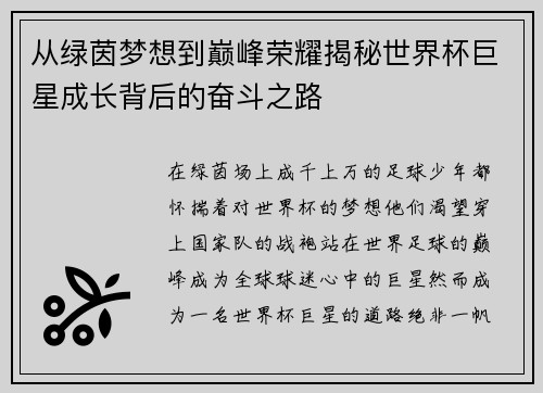 从绿茵梦想到巅峰荣耀揭秘世界杯巨星成长背后的奋斗之路