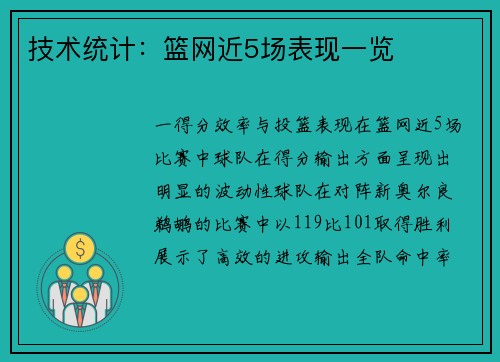 技术统计：篮网近5场表现一览